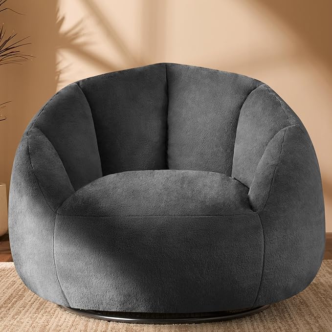 Giant Bean Bag Swivel Chair for Adults - Comfy Plush Round Shell Soft Accent Beanbag Chair, Oversized Cozy Floor Sofa Reading Chair for Living Room, Bedroom & Game Rooms, Gray-HomvellaHome