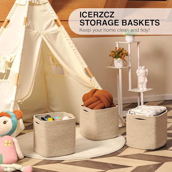 11 Inch Cube Storage Bins, Storage Cube Organizer Bins, Woven Cotton Rope Baskets for Storage, Storage Basket for Organizing Shelves, Square Baskets for Toys Nursery, Brown (Pack of 3)-HomvellaHome