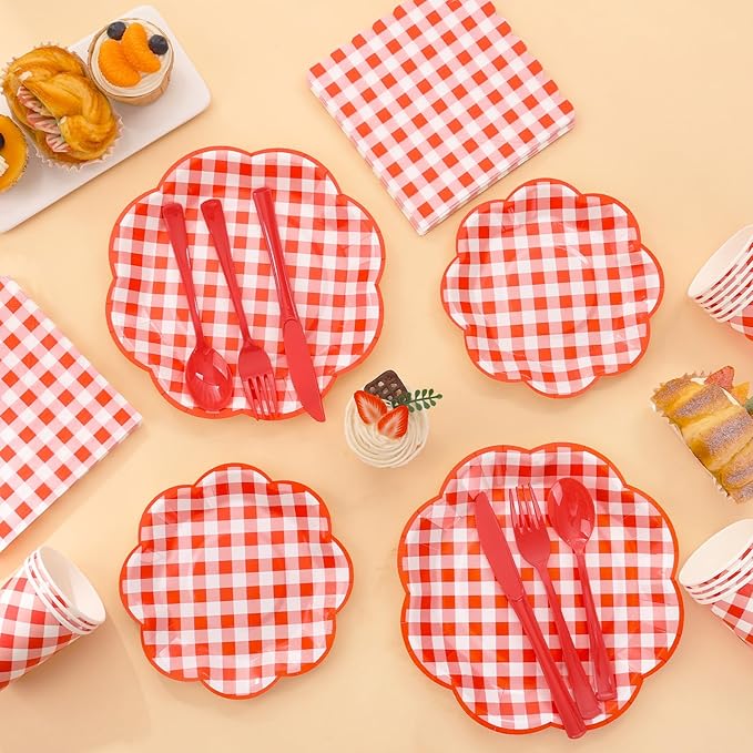 175 Pcs Red Gingham Plates and Napkins Party Supplies - Red and White Checkered Plates Sets Serve 25 Guests - Scalloped Gingham Paper Plate for Birthday Picnic BBQ Christmas Party Decorations-HomvellaHome