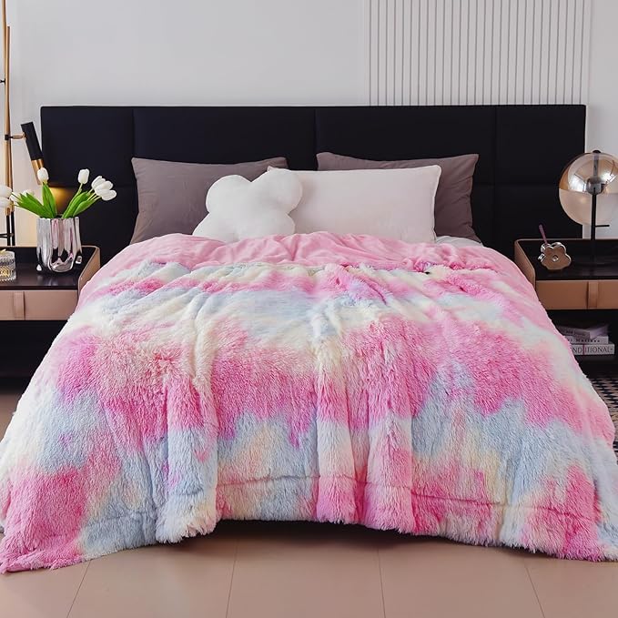 GONAAP Fuzzy Faux Fur Throw Blanket Queen Size Tie-dye Rainbow Super Soft Cozy Plush Fuzzy Shaggy Blanket for Couch Sofa Bed (Tie-dye Rainbow, Queen(90"x90"))-HomvellaHome