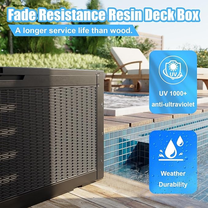 102 Gallon Outdoor Storage Box Waterproof, UV Resistant Resin Deck Box with Hydraulic Rod, Lockable Design and Enhanced Durability for Patio, Garden, and Poolside Use-HomvellaHome