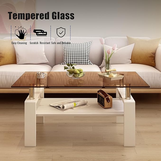 Glass Coffee Table Rectangle Living Room Center Table, with Brown Tempered Glass Tabletop and White MDF Layer,for Living Room and Office, Brown+White-HomvellaHome