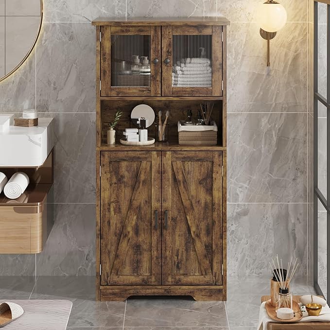 GarveeHome 54in Tall Bathroom Cabinet, Farmhouse Storage Cabinet with Glass Doors and Adjustable Shelves, Freestanding Kitchen Pantry Cabinets, Cupboard for Living Room, Dining Room, Rustic Brown-HomvellaHome