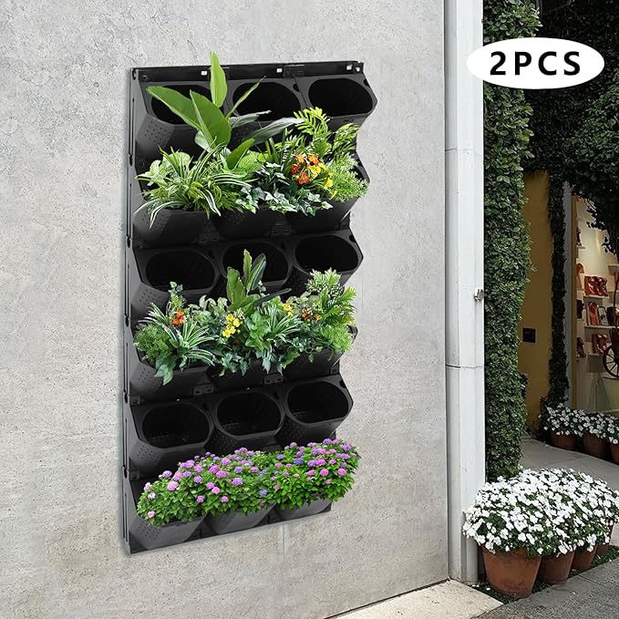 12Pieces 3-Pot Wall Planter Vertical Garden Plant Walls Wall Mounted Vertical Planter with Water-Storage Layer Stackable Wall-Mounted Flower Pot for Gardens, Balconies 180.78lbs Total Capacity (Black)-HomvellaHome