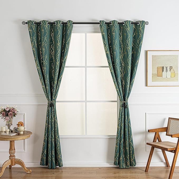 Grommets Blackout Long Window Curtains Green Gold-52W*108L 2PCS Drapes for Bedroom-HomvellaHome