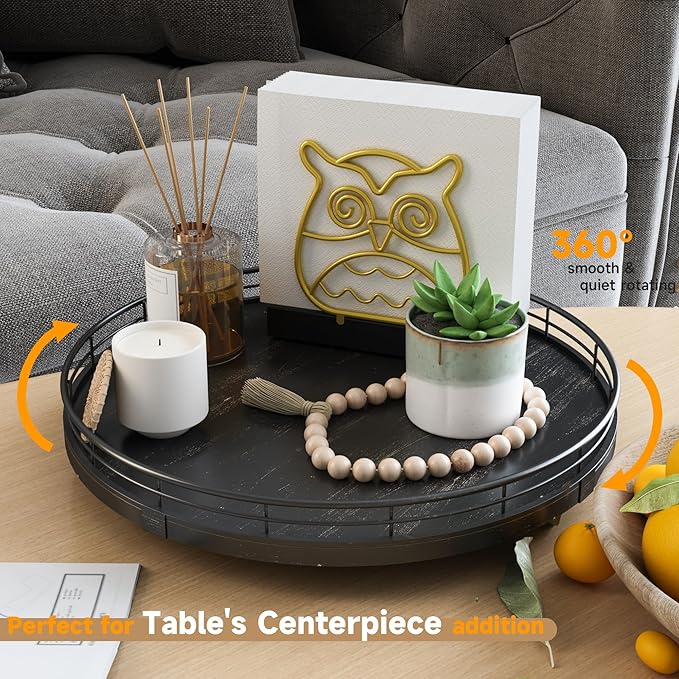 12" Oak Bathroom Vanity Tray Turntable for Perfume Candle, Round Wooden Decorative Tray for Kitchen Sink Countertop Organizer, Bathroom Counter Organizer for Skincare Makeup, Farmhouse Black Gold-HomvellaHome