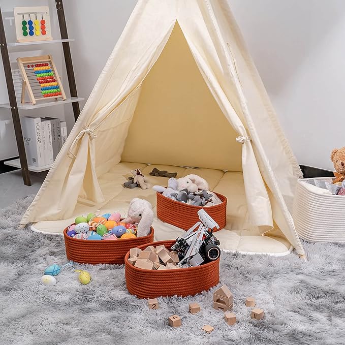 Shelf Storage Baskets for Organizing|Decorative Basket for Closet Storage|Toy Baskets&Bins|Small Woven Rope Baskets-13x8.66x5.11’’,Durable&Stylish,Oval 3 Packs Brick Red-HomvellaHome