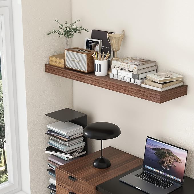 12 Inch Deep Floating Shelves, 48W x 12D Rustic Large Floating Shelves, Deep Walnut Wood Wall Shelves Set of 1 for Living Room Bathroom Laundry Room Bedroom Kitchen Home Office - Walnut-HomvellaHome