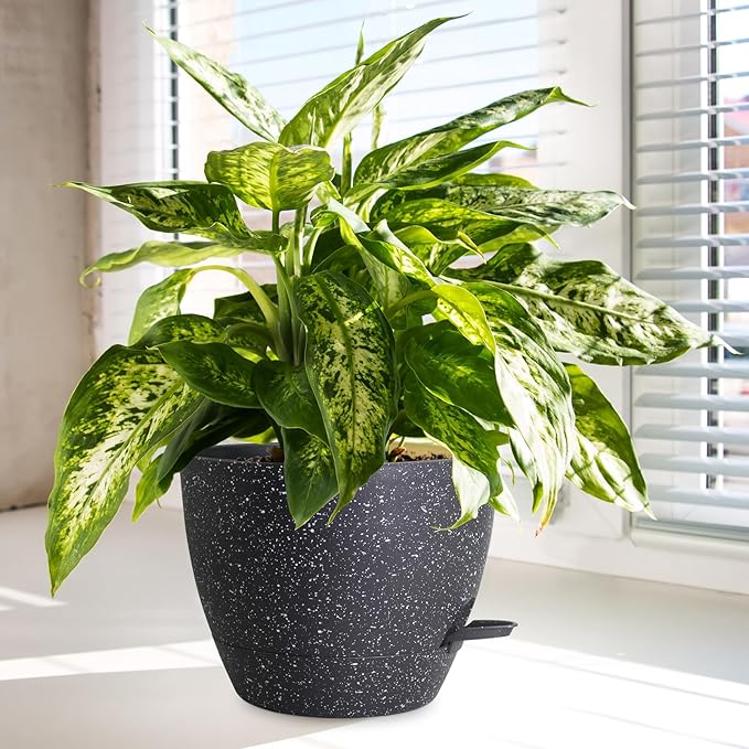 12/10/9 inch Large Self Watering Pots, Planter, Plant Pots with Mesh Drainage Holes for Indoor Outdoor Garden Plants, Plastic Flower Pots with Removable Deep Reservoir, Speckled Black-HomvellaHome