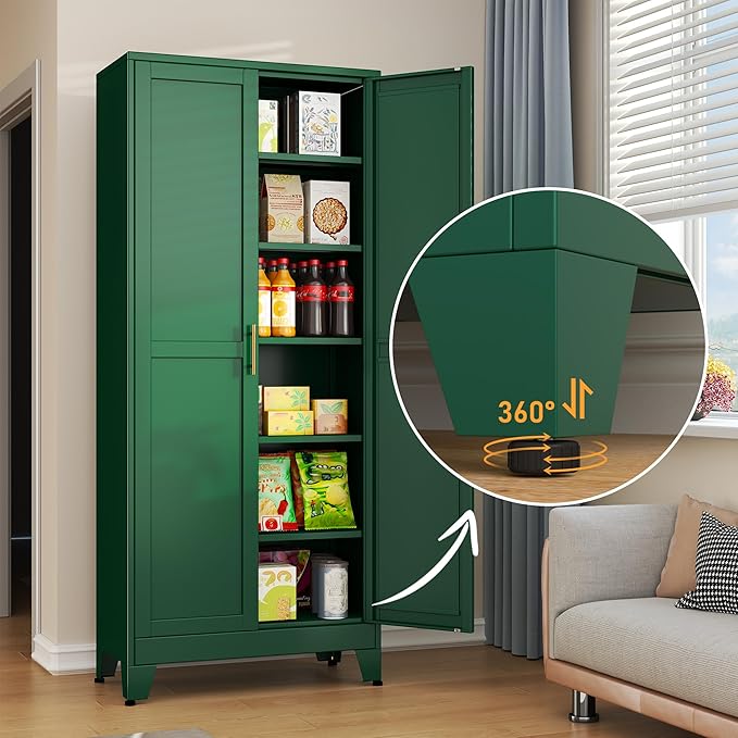 Green Metal Storage Cabinet,75" Steel Cabinets for Home Office, Kitchen Pantry Storage Cabinet with Doors and 5 Adjustable Shelves, Tool Cabinets, for Office, Home, Garage, School-HomvellaHome