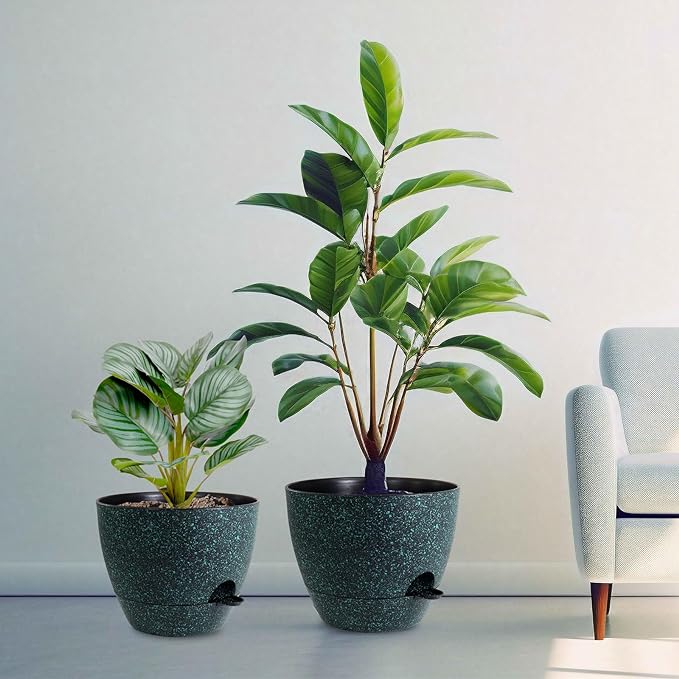 12/10/9 inch Large Self Watering Pots, Planter, Plant Pots with Mesh Drainage Holes for Indoor Outdoor Garden Plants, Plastic Flower Pots with Deep Reservoir, Black with Green Speckles-HomvellaHome