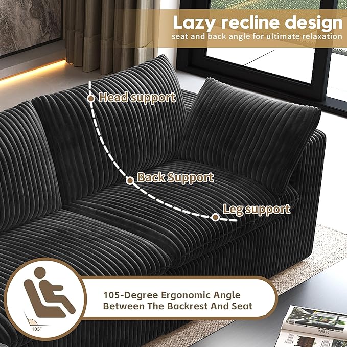 157.5" 4-Seater Cloud Sofa,Modular Sectional Couch,Modern Deep Seat Upholstered Couches with Plush Corduroy Fabric for Living Room Furniture,Bedroom and Apartment,No Assembly Required,Black-HomvellaHome