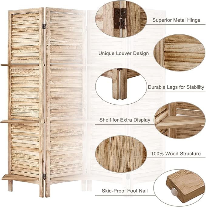 Room Divider with Shelves, Privacy Screen, Room Dividers and Folding Privacy Screens, 5 Panel Wood Temporary Wall Partition Separation Separator, Natural-HomvellaHome