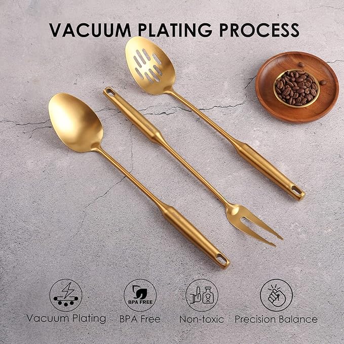Gold Kitchen Utensils Set - 18/10 Stainless Steel Cooking Tools, 15" All Metal Serving Utensils with Fork, Solid/Slotted Spoon, Spatula, Ladle, Skimmer, Tunner, Pasta Spoon, Large Spoon, Set of 9-HomvellaHome