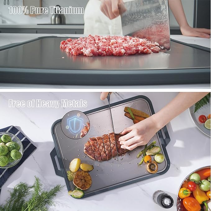 GUANCI Pure Titanium Cutting Board, Double Sided Cutting Board for Kitchen, Pure Titanium/Wood Fiber Composite with Juice Groove Dishwasher Safe 16"L x 11"W-HomvellaHome