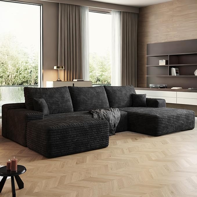 108" Sectional Couches for Living Room Modern Modular Sofa with L-Shape Couchs Upholstered Boneless Couch Deep Seat Sectional Couch with Chaise (Black, Right Facing Chaise+2Seaters+1Ottoman)-HomvellaHome