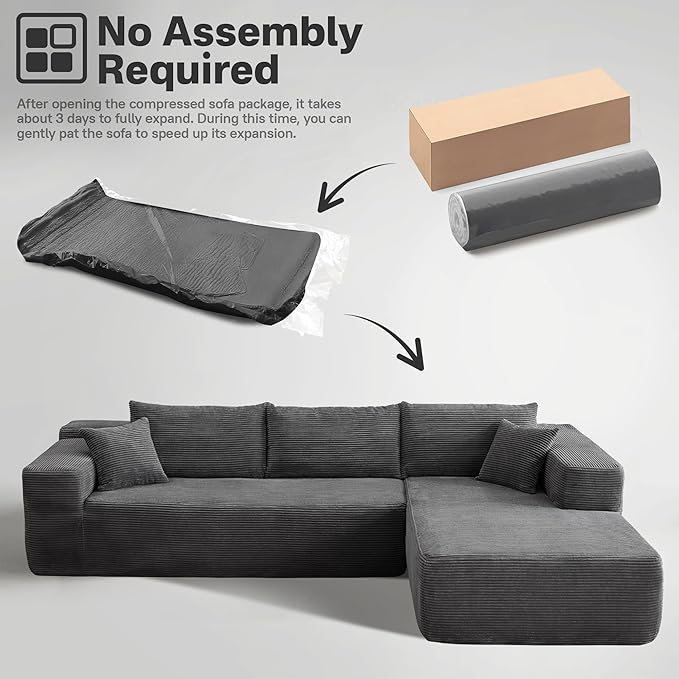104" Cloud Sectional Couches for Living Room,L Shaped Boneless Couch in A Box,Sleeper Sofa with Comfy Chaise No Assembly Required,Grey-HomvellaHome