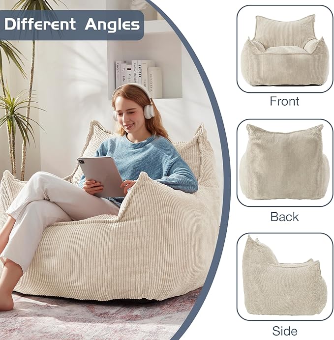 Giant Bean Bag Chair Sofa for Adults Teens, Comfy Corduroy Large Bean Bag Chairs with Armrests for Bedroom Living Room, Adult BeanBag Lazy Sofa Couch Chairs with Filler Included-HomvellaHome