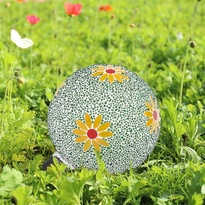 Gazing Ball 8 Inch Flower Glass Mosaic Garden Globe Outdoor Gazing Globe Yard Ornament for Garden Yard Home Lawn Outdoor Decoration Gift for Women (Not Solar Powered)-HomvellaHome