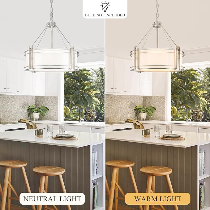 16.3''Drum Chandelier 3-Light Brushed Nickel Modern White Fabric Chandeliers Adjustable Drum Pendant Light for Dining Room Kitchen Island Hallway Living Bedroom-HomvellaHome