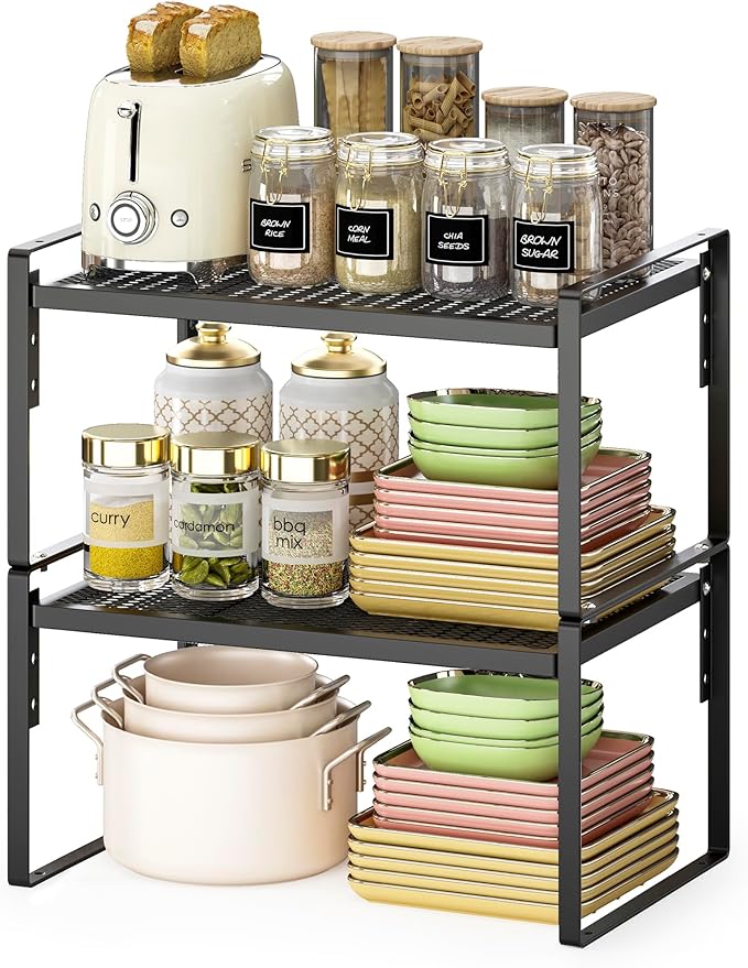 2 Pack Kitchen Countertop Organizer, Stackable Cabinet Shelf Organizer, 2 Tier Adjustable Kitchen Counter Shelves Riser For Pantry Cupboard Bathroom Organization And Storage, Desk Shelf,Spice Rack-HomvellaHome