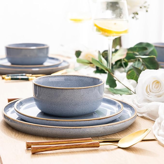 GBHOME Ceramic Dinnerware Sets for 6, 18 Pieces Stoneware Plates and Bowls Sets, Scratch Resistant Dish Sets for Dinner, Dishwasher & Microwave Safe, Brunnera Blue-HomvellaHome