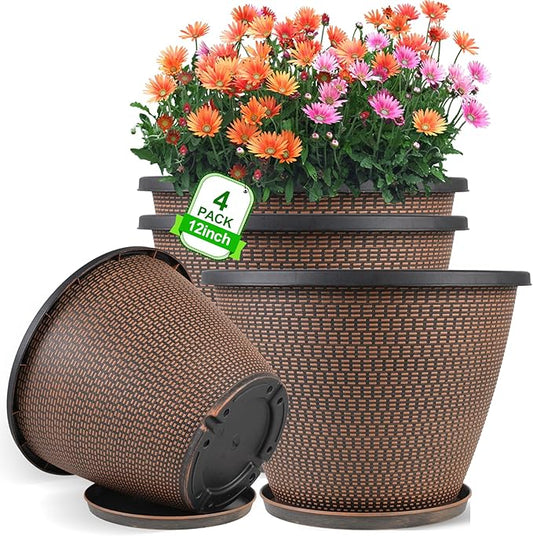 12 inch Pots for Plants, 4 Pack Large Outdoor Planter Pot with Drainage Holes & Saucers, Plastic Flower Pots for Indoor Plants, Decorative Garden Pots for Indoor & Outdoor Plant (Black Copper)-HomvellaHome