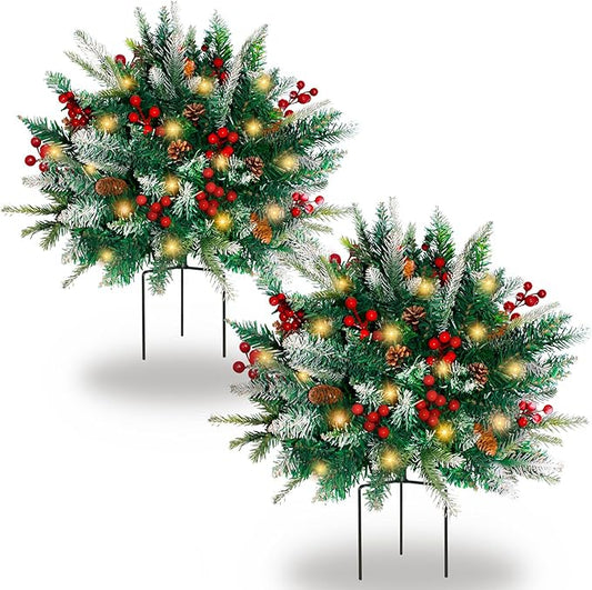 2 Pack Lighted Artificial Christmas Urn Filler, Battery Operated Pre-lit Xmas Pine Trees, Tripod Stake and 60 LED Lights, Holiday Porch Decorations for Porch, Yard, Garden, Flower Beds（Warm White）-HomvellaHome
