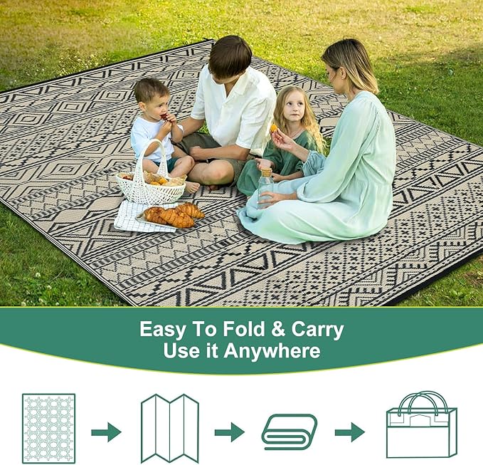 GAOMON Outdoor Rug Waterproof 8'x10', Reversible Outdoor Plastic Straw Rug, Boho Patio Rug, Indoor Outdoor Carpet, RV Mat Outside for Patio, Camp, Picnic, Balcony, Deck, Black/Coffee(Bohemia)-HomvellaHome