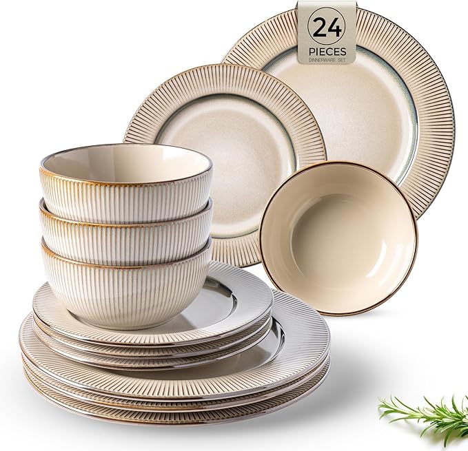 GBHOME Ceramic Dinnerware Sets, 24 Piece Embossed Elegant Stoneware Plates and Bowls Sets, Housewarming Wedding Gift | Dishwasher & Microwave Safe | Dishes Set Service for 8-HomvellaHome