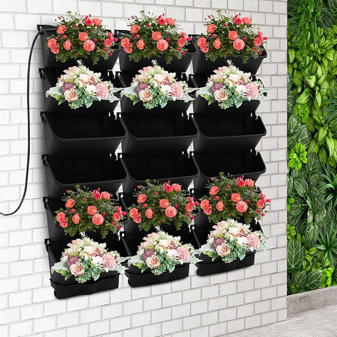 18 Pots Self-Watering Vertical Wall Planter, 39.4”L x 39.4”H Stackable Plastic Wall-Mounted Plant Grow Pots, Wall Hang Garden Planter Outdoor Indoor for Herbs Flowers Strawberries (Black)-HomvellaHome