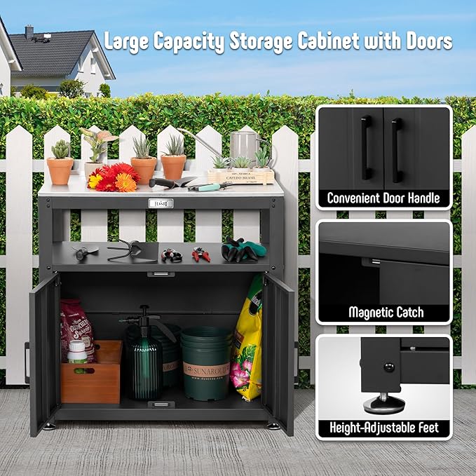 Garden Potting Bench with Storage Cabinet,Outdoor Gardening Table & Work Bench for Plants, Horticulture,Outdoor Workstation with Stainless Steel Tabletop,Outdoor Work Table-HomvellaHome