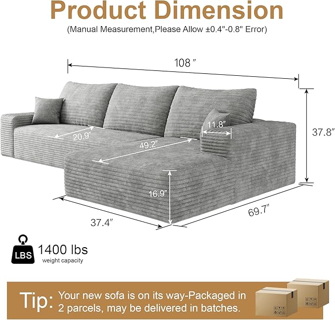 108" Sectional Couches for Living Room Modern Modular Sofa with L-Shape Couchs Upholstered Boneless Couch Deep Seat Sectional Couch with Chaise (Grey, Right Facing Chaise+2Seaters)-HomvellaHome