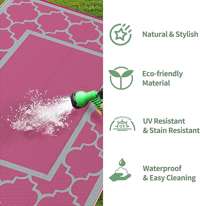 GENIMO 6' x 9' Outdoor Rug Waterproof for Patio Decor, Foldable Reversible Plastic Straw Area Rugs Mat for Camper, Outside Carpet for Rv, Deck, Porch, Picnic, Beach, Balcony, Pink & Grey-HomvellaHome