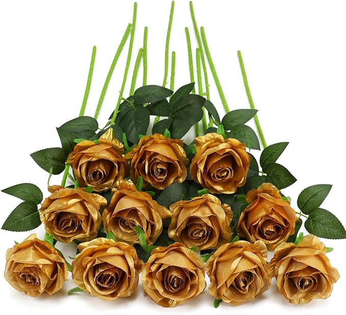 Gold Fake Roses Artificial Flowers - 10 Pcs Fake Artificial Roses Silk Flowers with Stems for Home Wedding Hotel Office Centerpiece Decor-HomvellaHome