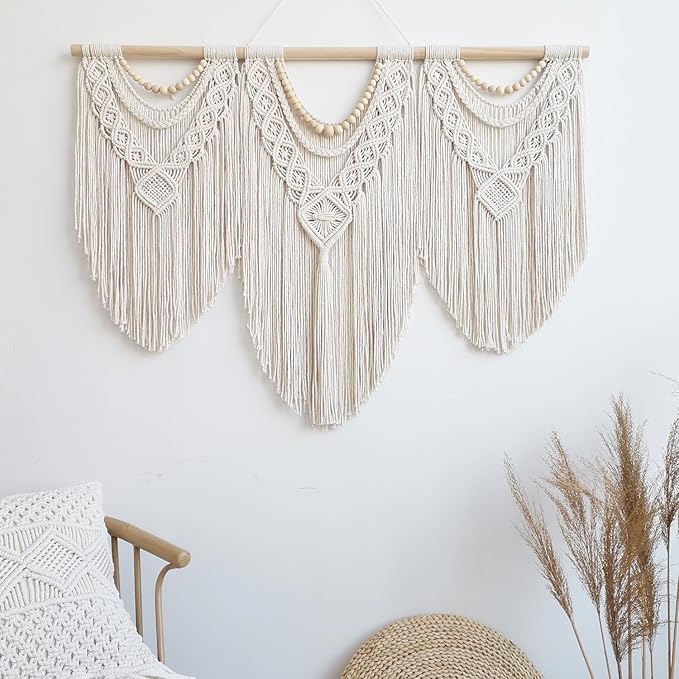 guzhiou large macrame wall hanging - Boho Tapestry Macrame Wall Decor Art- Chic Bohemian Handmade Woven Tapestry Home Decoration for Bedroom Living Room Apartment Wedding Party - 43"x32" (Wood bead)-HomvellaHome