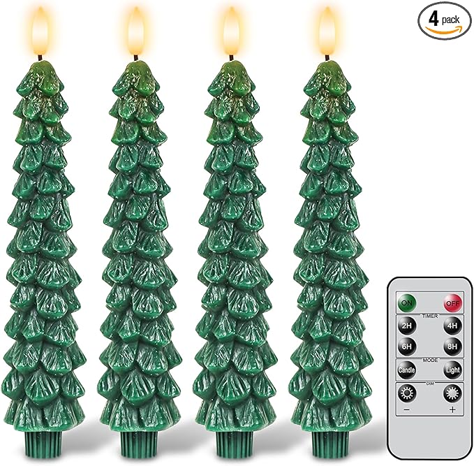 GenSwin Christmas Tree Flameless Taper Candles with Remote Timer, Christmas LED Taper Candles with 3D Flame, 4 Pcs Green LED Candlesticks for Christmas Home Decoration(0.78” x 9.8”)-HomvellaHome