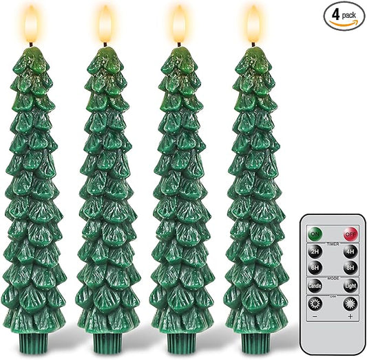 GenSwin Christmas Tree Flameless Taper Candles with Remote Timer, Christmas LED Taper Candles with 3D Flame, 4 Pcs Green LED Candlesticks for Christmas Home Decoration(0.78” x 9.8”)-HomvellaHome