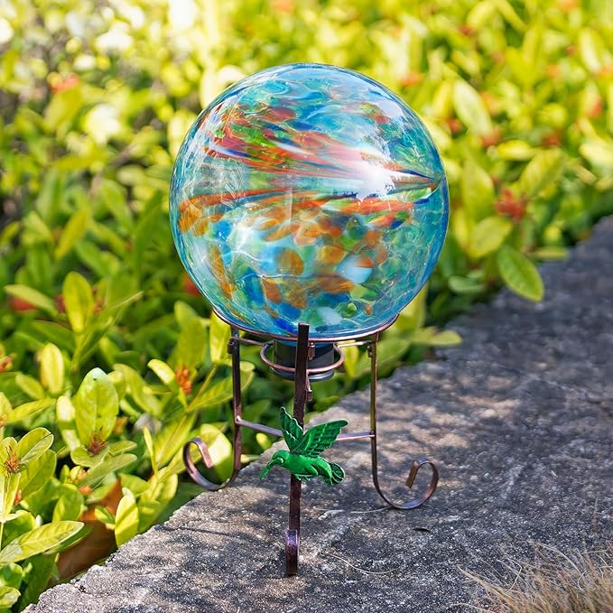 10 Inch Glass Gazing Ball, with 9.4" Tall Metal Gazing Globe Stand, Glass Balls Display Holder Set for Outdoor Garden Lawn Yard Decoration, Blue Artistic-HomvellaHome