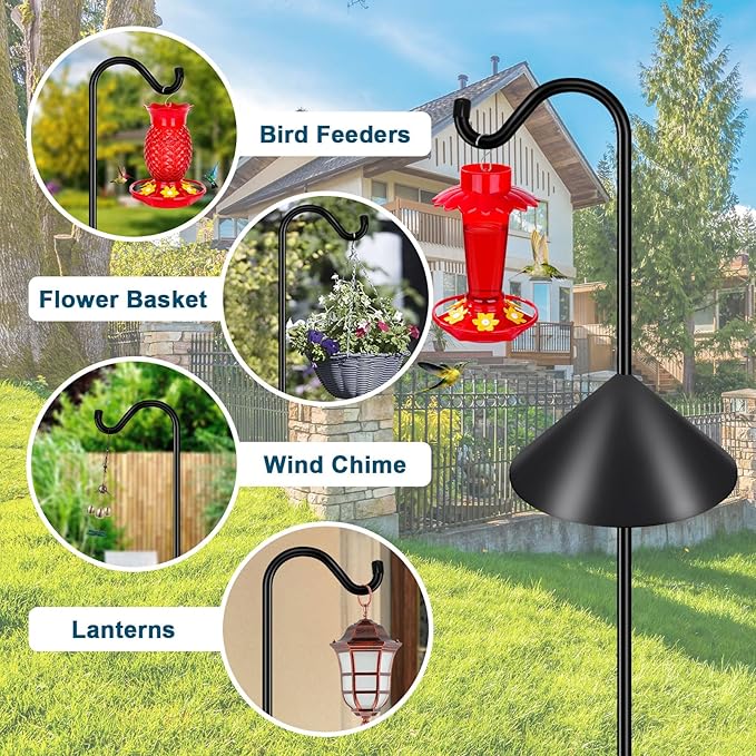 Gtongoko Bird Feeder Pole Squirrel Proof 92 Inch Shepherds Hook for Outdoor with Squirrel Baffles Adjustable Heavy Duty with 7 Prongs Base for Hanging Plants, Bird Feeders, Black-HomvellaHome