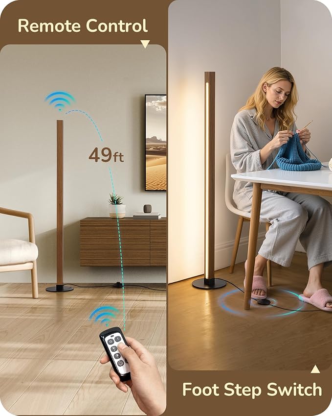 EDISHINE Wood Floor Lamp, Upgraded Dual-Sided Lighting, Minimalist Floor Lamps for Living Room, Corner Floor Lamp with Remote/Foot Control, 7CCT & Dimmable Corner Lamp for Bedroom, Office, Walnut Wood-HomvellaHome