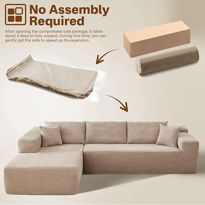 104" Cloud Sectional Couches for Living Room,L Shaped Boneless Couch in A Box,Sleeper Sofa with Comfy Chaise No Assembly Required,Camel-HomvellaHome