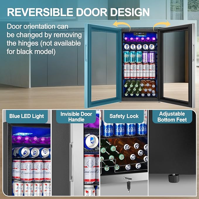 128 Cans Beverage Refrigerator Cooler, 3.2 Cu.Ft Mini Drink Fridge Glass Door for Drink Beer Soda Wine, Beer Fridge with 4 Removable Shelves for Kitchen Bedroom, Office Bar Gaming Room,Stainless Steel-HomvellaHome