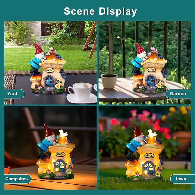 Garden Gnome Statues Figurine Lights - Solar Powered Lighting Outdoor Decorations, Gnome Build Mushroom Fairy House, Yard Art Lawn Ornaments for Porch Patio Balcony - Gnome Gifts for Women Mom-HomvellaHome