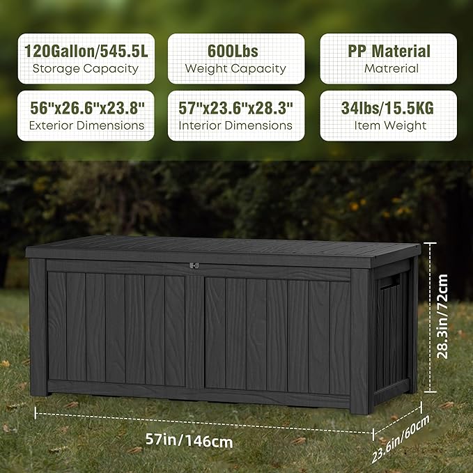 120 Gallon Patio Storage Box, Large Outside Storage Bin for Patio Furniture Covers, Cushion Pillows, Waterproof Outdoor Storage Bench for Towels, Garden Tools and Pool Accessories, Black-HomvellaHome