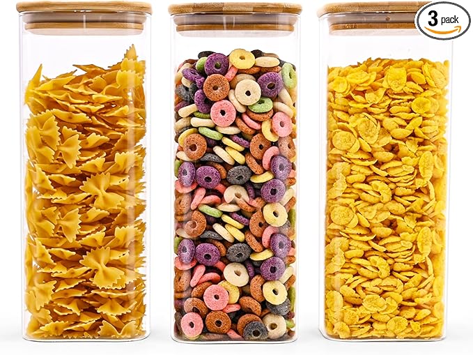 Glass Food Storage Jars Square 61oz, 3 Pack Glass Jars With Bamboo Lids, Kitchen Storage Containers For Spice, Candy, Cookie, Storage For Pantry Organizers-HomvellaHome