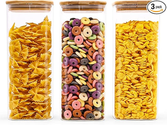 Glass Food Storage Jars Square 61oz, 3 Pack Glass Jars With Bamboo Lids, Kitchen Storage Containers For Spice, Candy, Cookie, Storage For Pantry Organizers-HomvellaHome