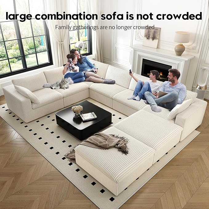 157.5" Cloud Couch Oversized Modular Sectional Sofa for Living Room,Modern Sofa with Deep Seat，8 Seater Boneless Couch with 2 Ottoman,Comfy Upholstered Couches for Apartment, Studio, Office,White-HomvellaHome