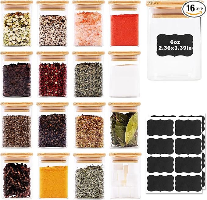 Glass Food Storage Jars Square 6oz, 16 Pack Glass Jars With Bamboo Lids, Kitchen Storage Containers For Spice, Candy, Cookie, Storage For Pantry Organizers-HomvellaHome