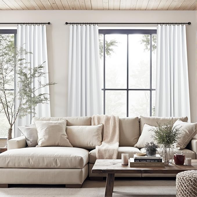 104 Inch Long Curtains White Linen Black Out Back Tab Pleated Blackout Curtain for Living Room Bedroom Teen Girls Thick Linen Lightweight Heat Draft Blocking Window Drapes Office Custom Length 2 Panel-HomvellaHome